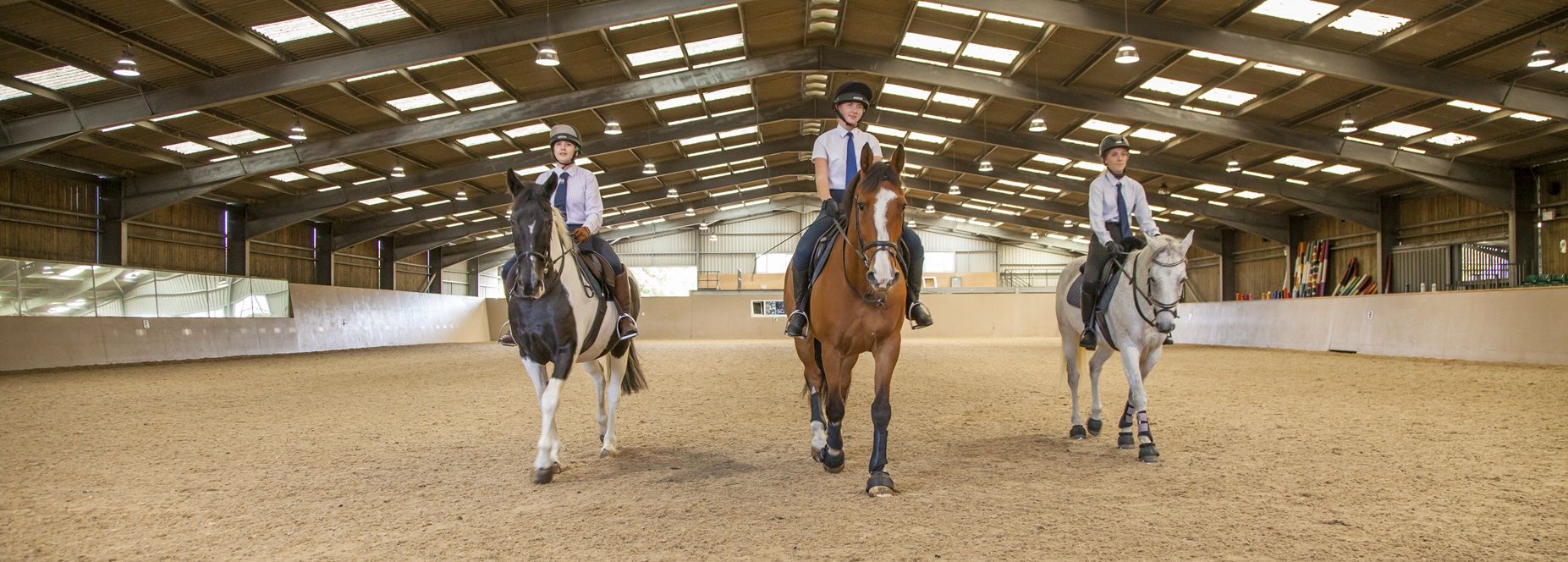 Three students riding horses