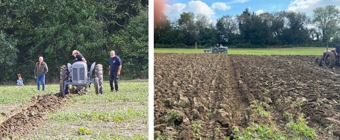 Lady on tractor and ploughed field